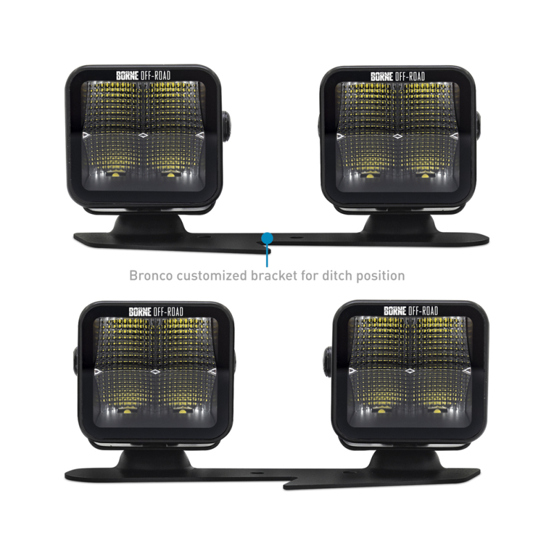 Ford Bronco Light Pods - Ditch - Borne Off-Road - 3x3 Flood, 4-piece - `21-`27